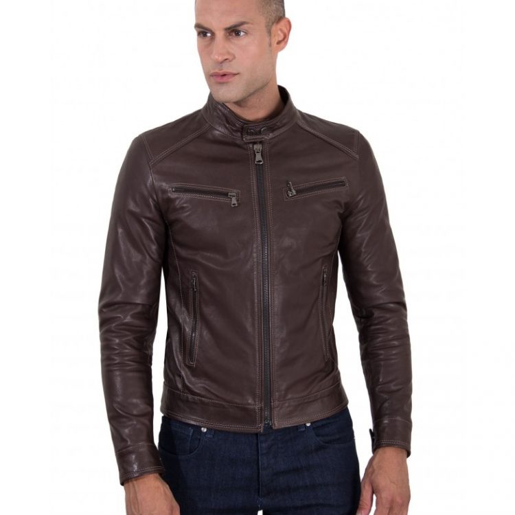 Brown Vintage Effect Lamb Leather Jacket Four Pockets korean Collar