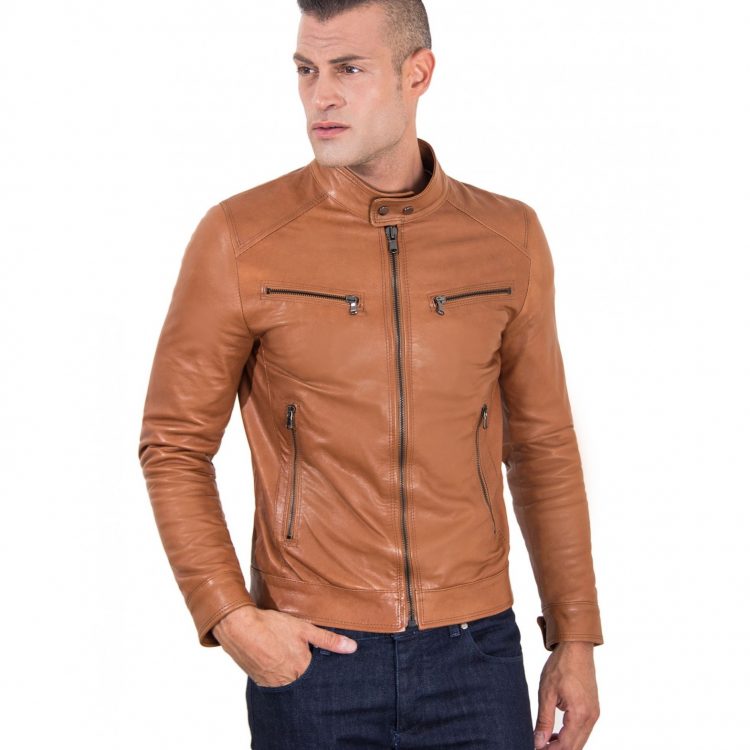 Tan Vintage Effect Lamb Leather Jacket Four Pockets korean Collar