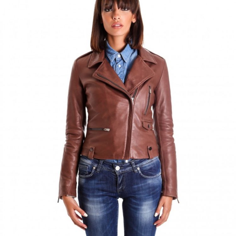 Brown Color Lamb Leather Biker Jacket Vintage Effect