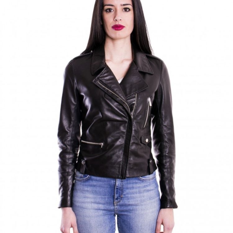 Black Color Lamb Leather Biker Jacket Smooth Effect