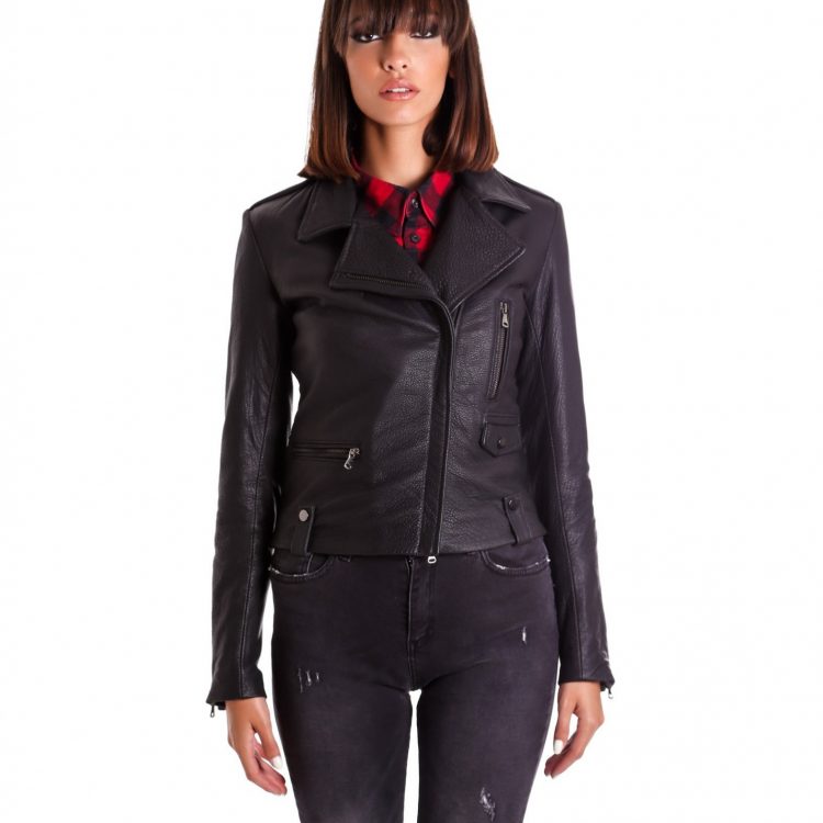 Black Color Calf Leather Biker Jacket Wizened Effect